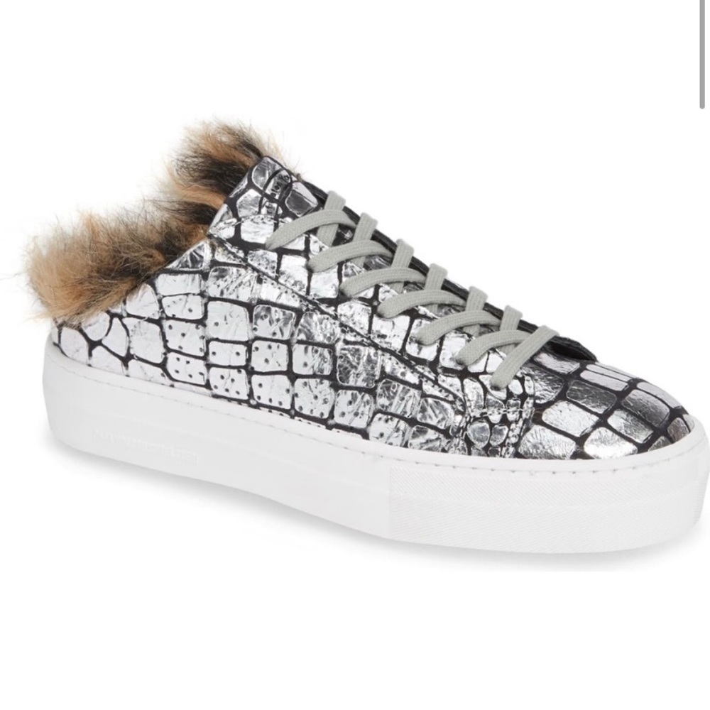 P448 Silver Croc-Embossed Sneakers with Fur Trim